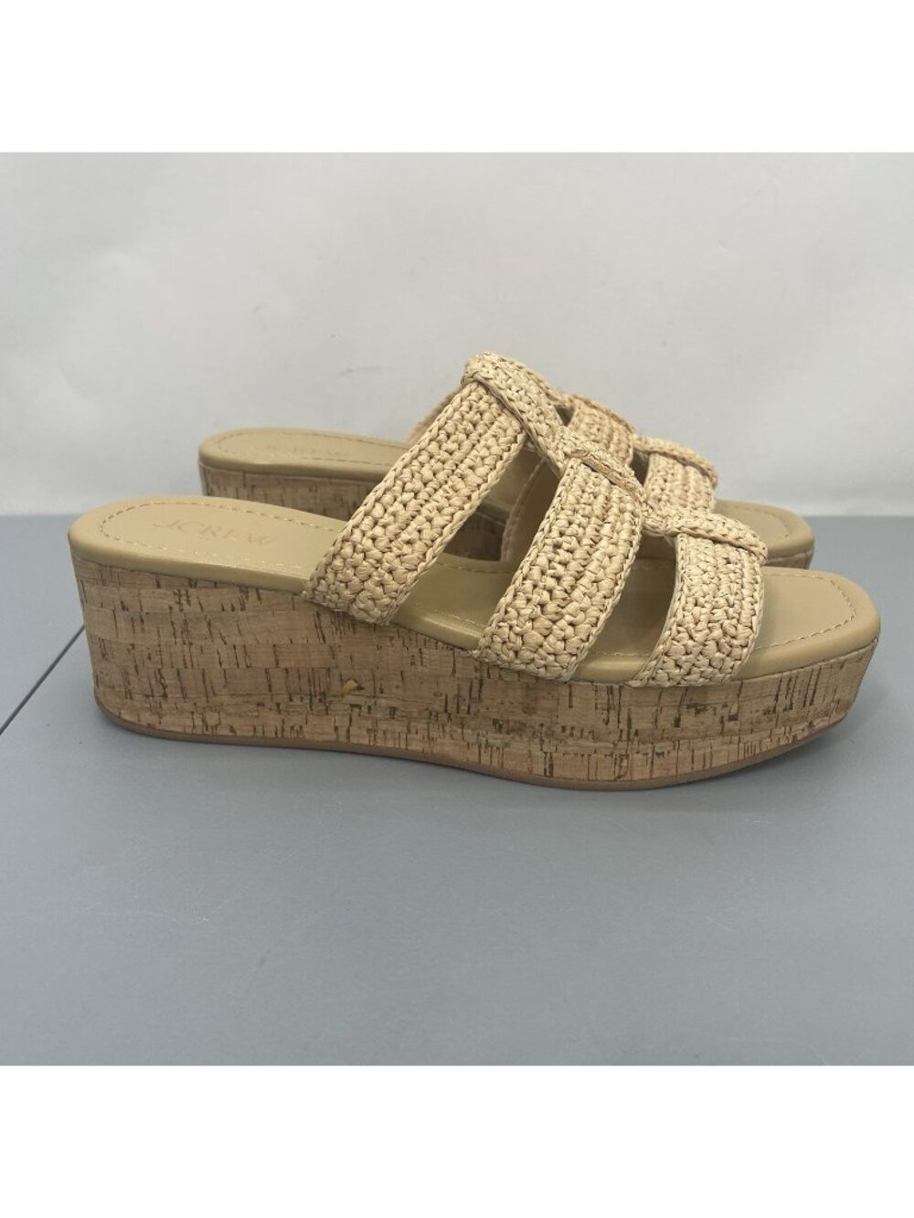 J Crew Fisherman Wedge Sandals Cork Platform Strappy Woven Straw Tan Womens 8.5